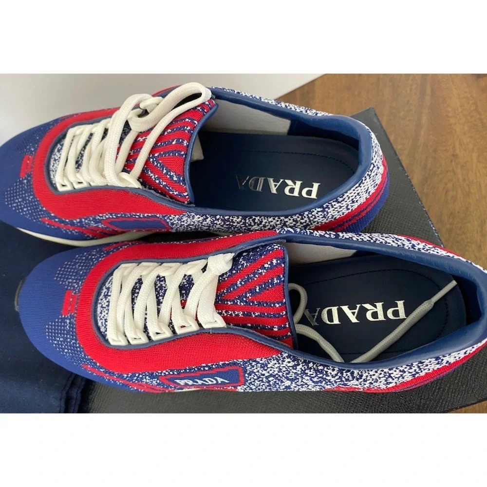 PRADA 2EG272 RED‎ BLUE FABRIC TRAINERS KNIT LOGO LACE UP SNEAKERS UK 7